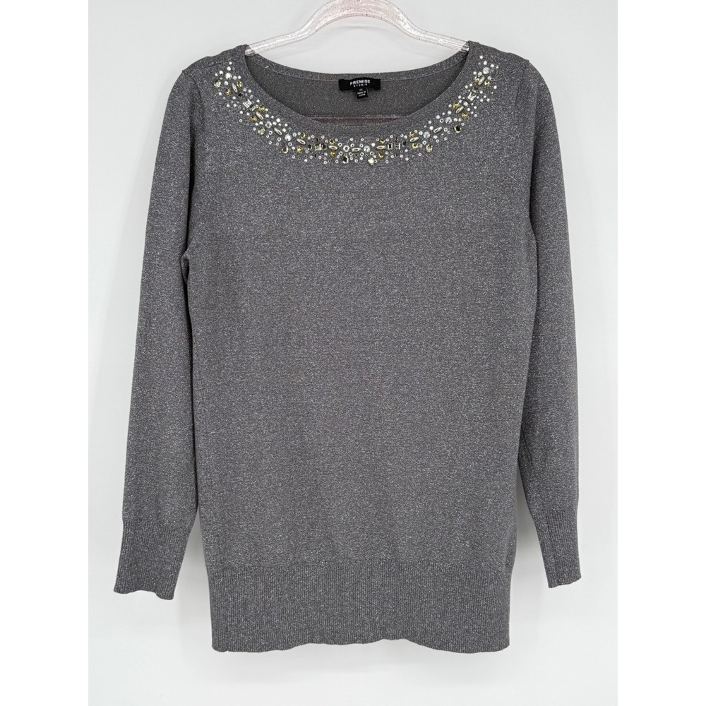 Premise Studio Sz XL Gray Embellished Neck Long Sleeve Knit Sweater Casual Top